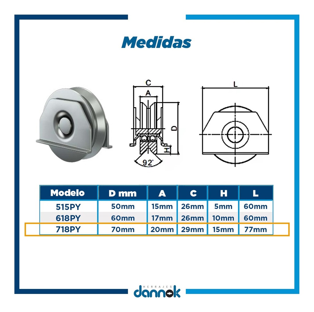 RUEDA PORTON CORREDIZO 70mm CANAL "Y" C/ SOP CHAPA DANNOK x 2u.