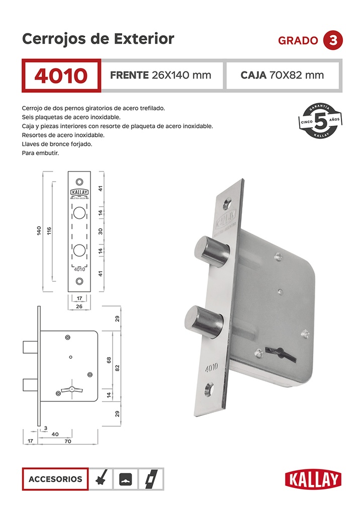 CERROJO KALLAY 4010 DOBLE PERNO BRONCEADO
