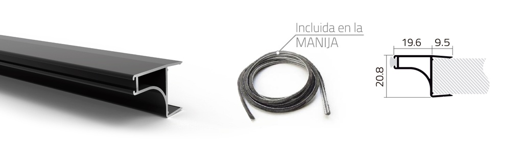 MANIJA OCULTA MOAN CON FELPA PARA PLACA 18mm  NEGRO x3mts