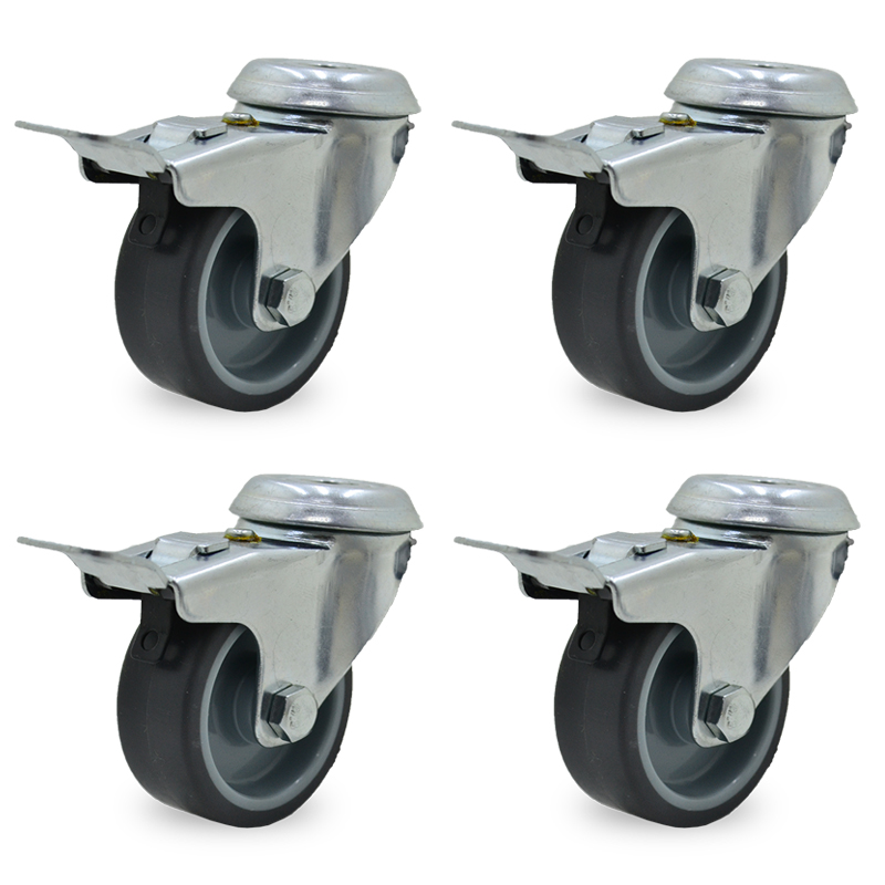 RUEDA PVC GRIS GIRAT. 75mm PASANTE C/FRENO PACK X 4 UNIDADES