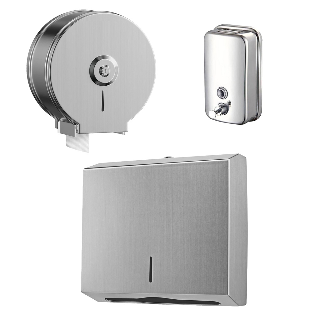 KIT DISPENSER BAÑO PAPEL HIGIENICO+TOALLAS+JABON ACERO INOX. 
