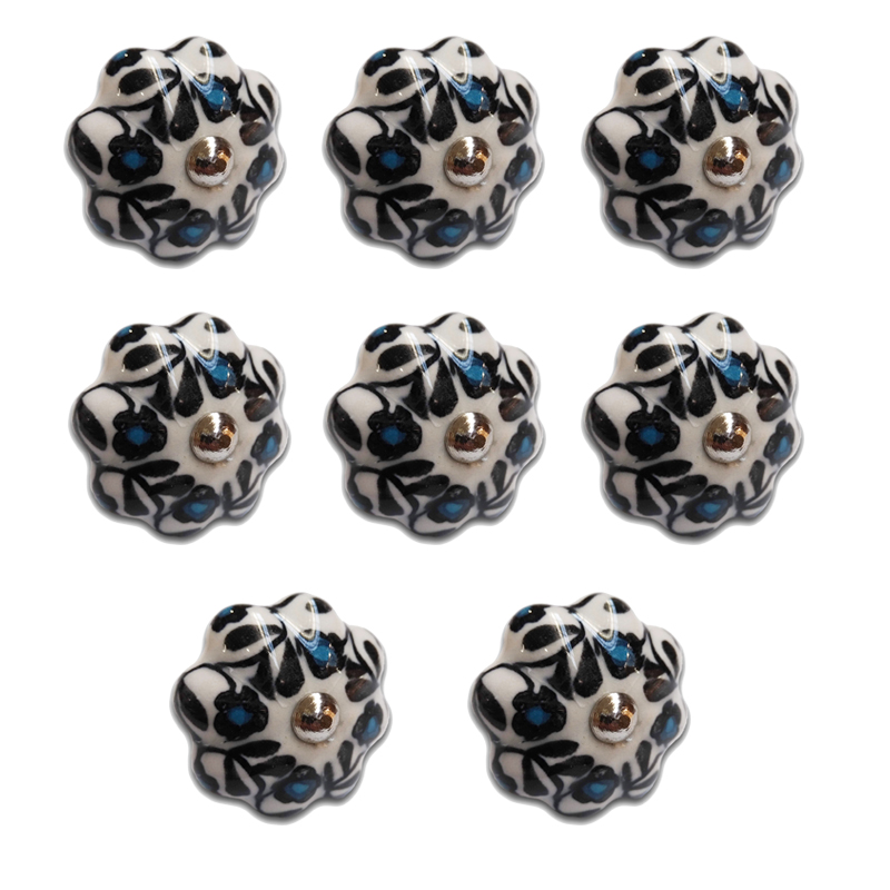 TIRADOR CERAMICO VINTAGE FLOR BLANCO FLORES AZULES PACK X 8u.