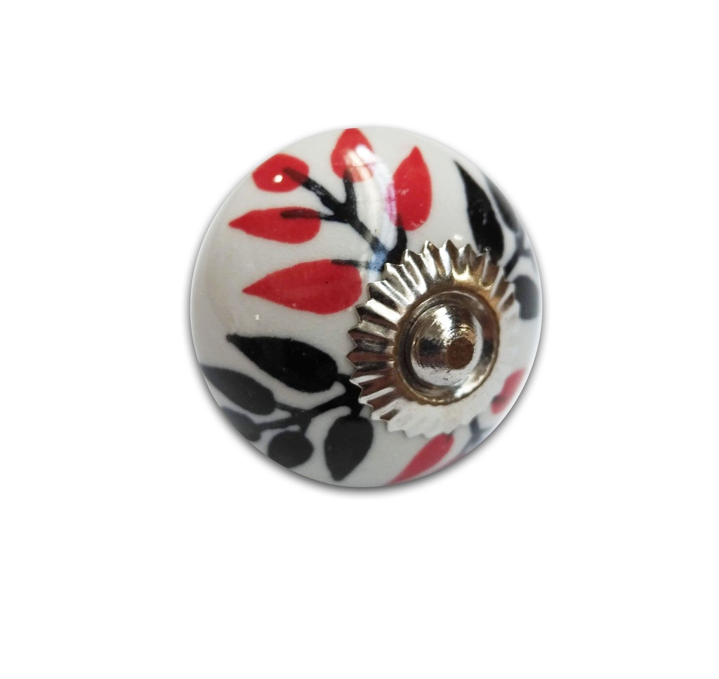 TIRADOR CERAMICO VINTAGE REDONDO BLANCO C/ HOJAS ROJAS x1u.