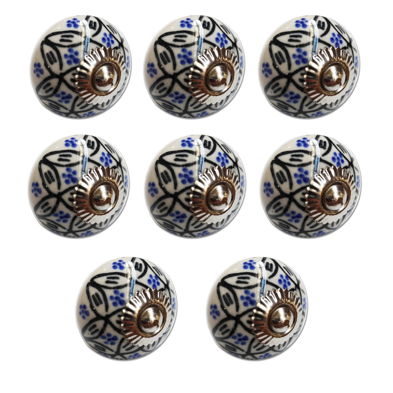 TIRADOR CERAMICO VINTAGE REDONDO BLANCO FLORES AZUL PACK X 8u.