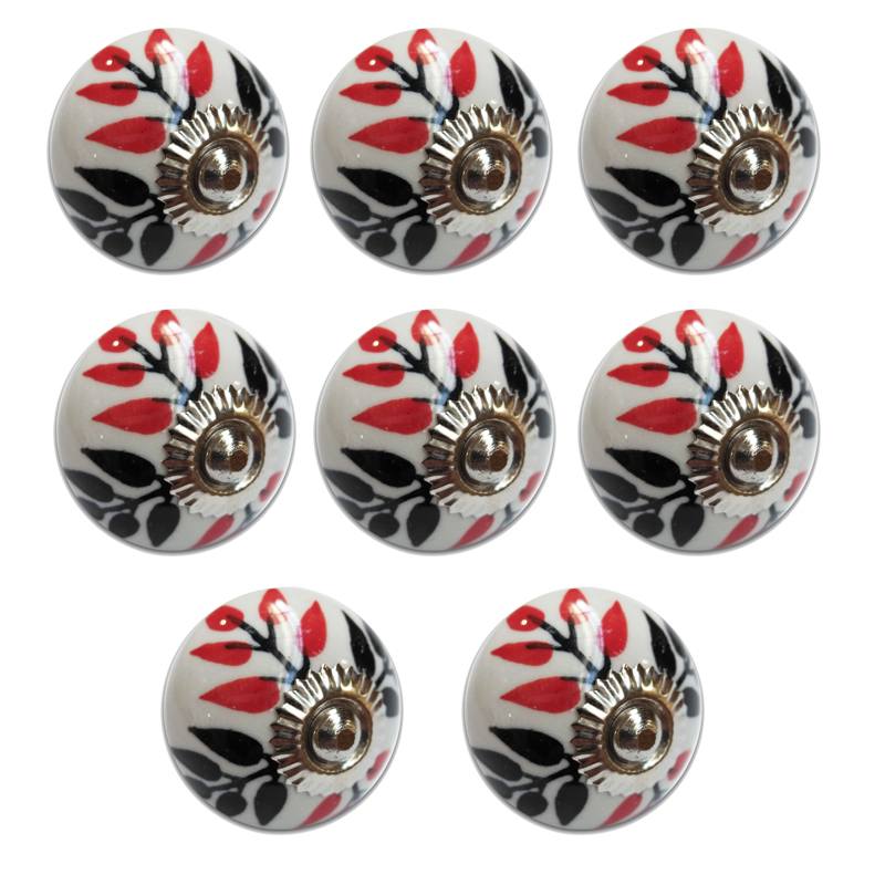 TIRADOR CERAMICO VINTAGE REDONDO BLANCO HOJAS ROJAS PACK X 8u.