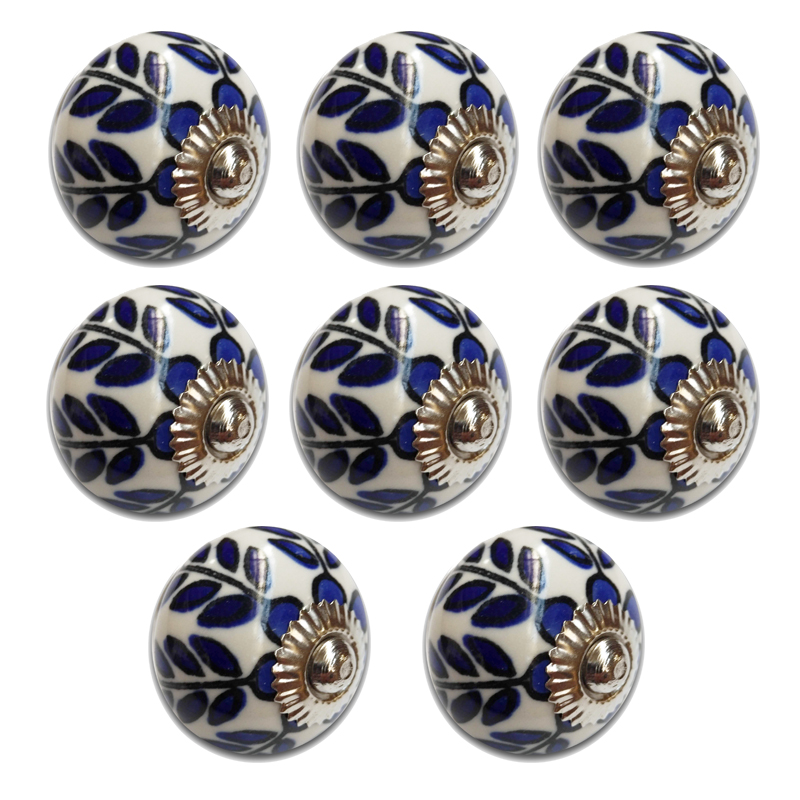 TIRADOR CERAMICO VINTAGE REDONDO C/ FLORES AZULES PACK X 8u.