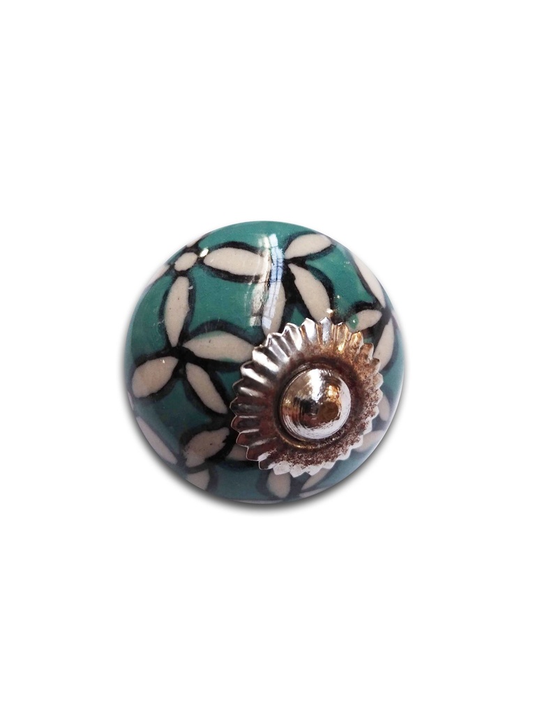 TIRADOR CERAMICO VINTAGE REDONDO TURQUEZA C/FLOR BLANCA x1u.