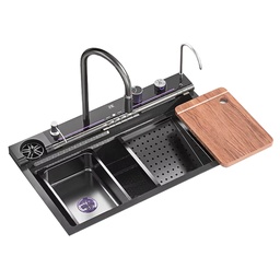 Bacha De Cocina Inteligente Acero 304 Set Grifería Negra Negro