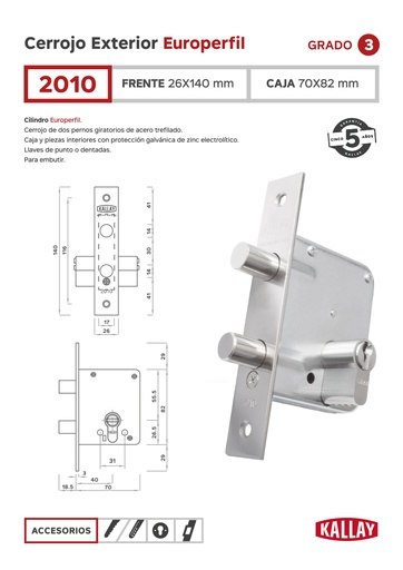 [KA.2010INOX] CERROJO DE SEGURIDAD KALLAY 2010 EUROPA S/CILINDRO FTE. INOX