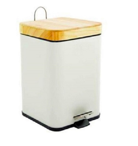 [DP.HY03CWM] CESTO PEDAL BLANCO CUADRADO CON TAPA MADERA 3LTS