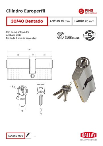 [KA.CI3040D] CILINDRO KALLAY P/EUROPERFIL 30+40 DENT