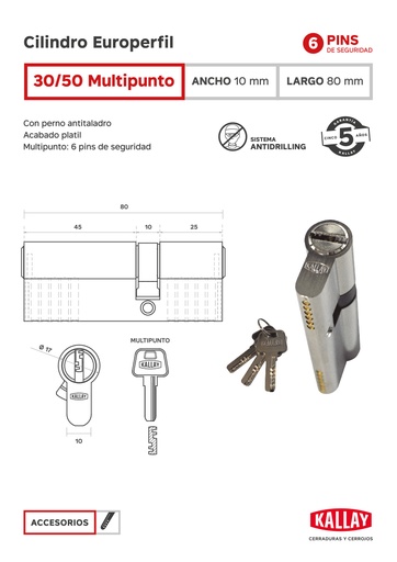 [KA.CI3050MULT] CILINDRO KALLAY P/EUROPERFIL 30+50 MULTIPUNTO