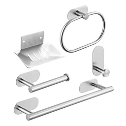 Kit Baño Set 5 Accesorios Adhesivo Acero Inoxidable Dannok Plateado