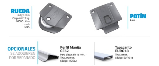 [GE.KOA] KIT CORREDIZO KOA DE 4 RUEDAS Y 4 PATINES PARA GUIA OFFICE
