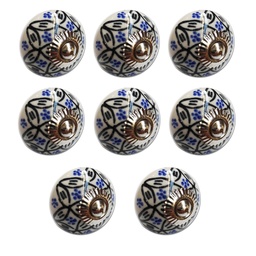 TIRADOR CERAMICO VINTAGE REDONDO BLANCO FLORES AZUL PACK X 8u.