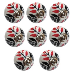 TIRADOR CERAMICO VINTAGE REDONDO BLANCO HOJAS ROJAS PACK X 8u.